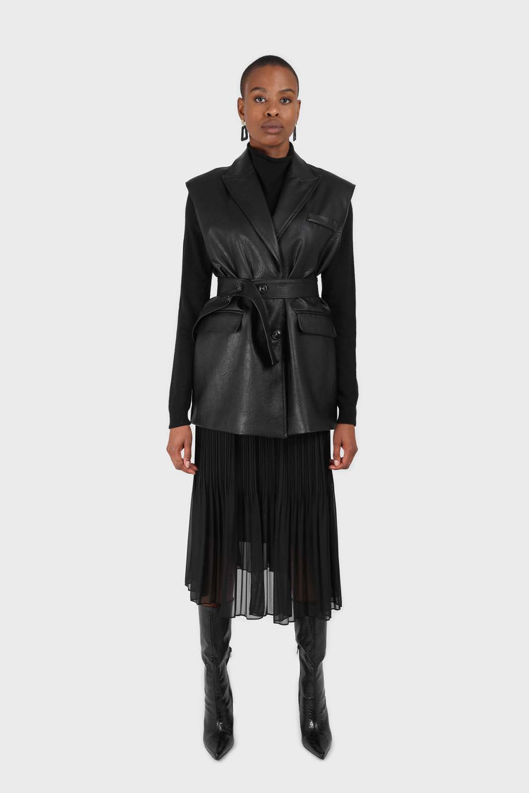 Black vegan leather belted gilet