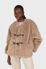 Beige faux fur toggle button short coat
