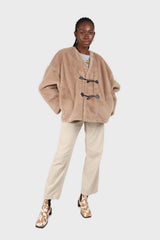 Beige faux fur toggle button short coat