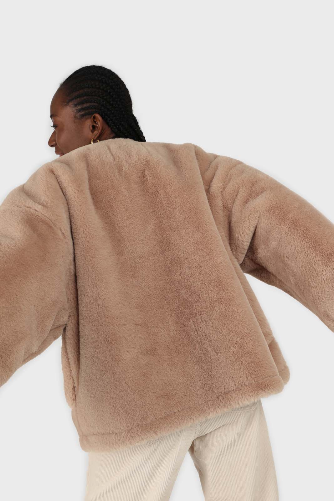 Beige faux fur toggle button short coat
