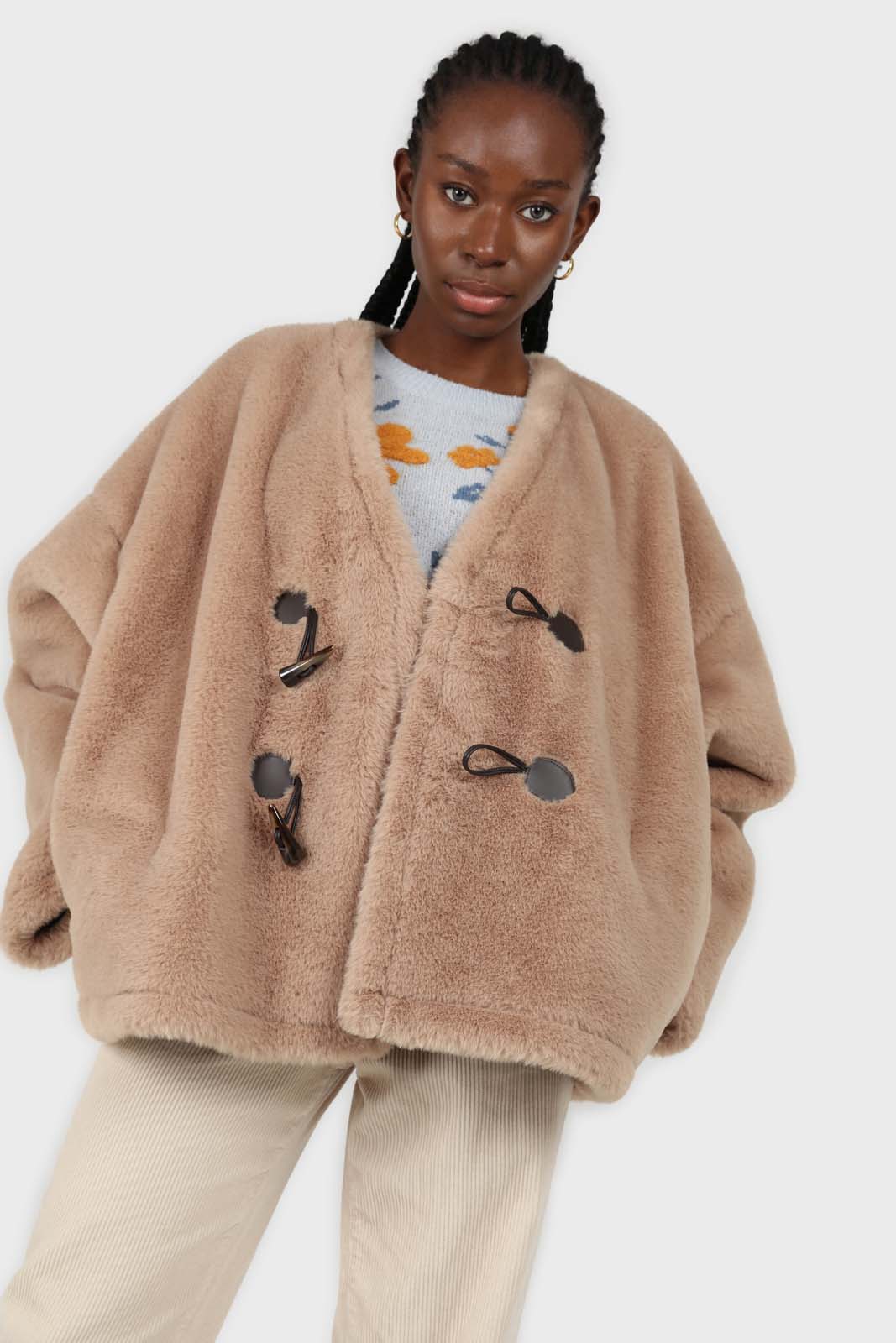 Beige faux fur toggle button short coat
