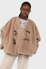 Beige faux fur toggle button short coat