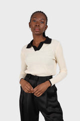 Ivory and black contrast collar knit top