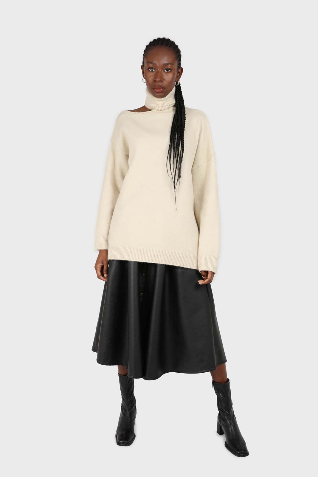 Beige slit neck turtleneck jumper
