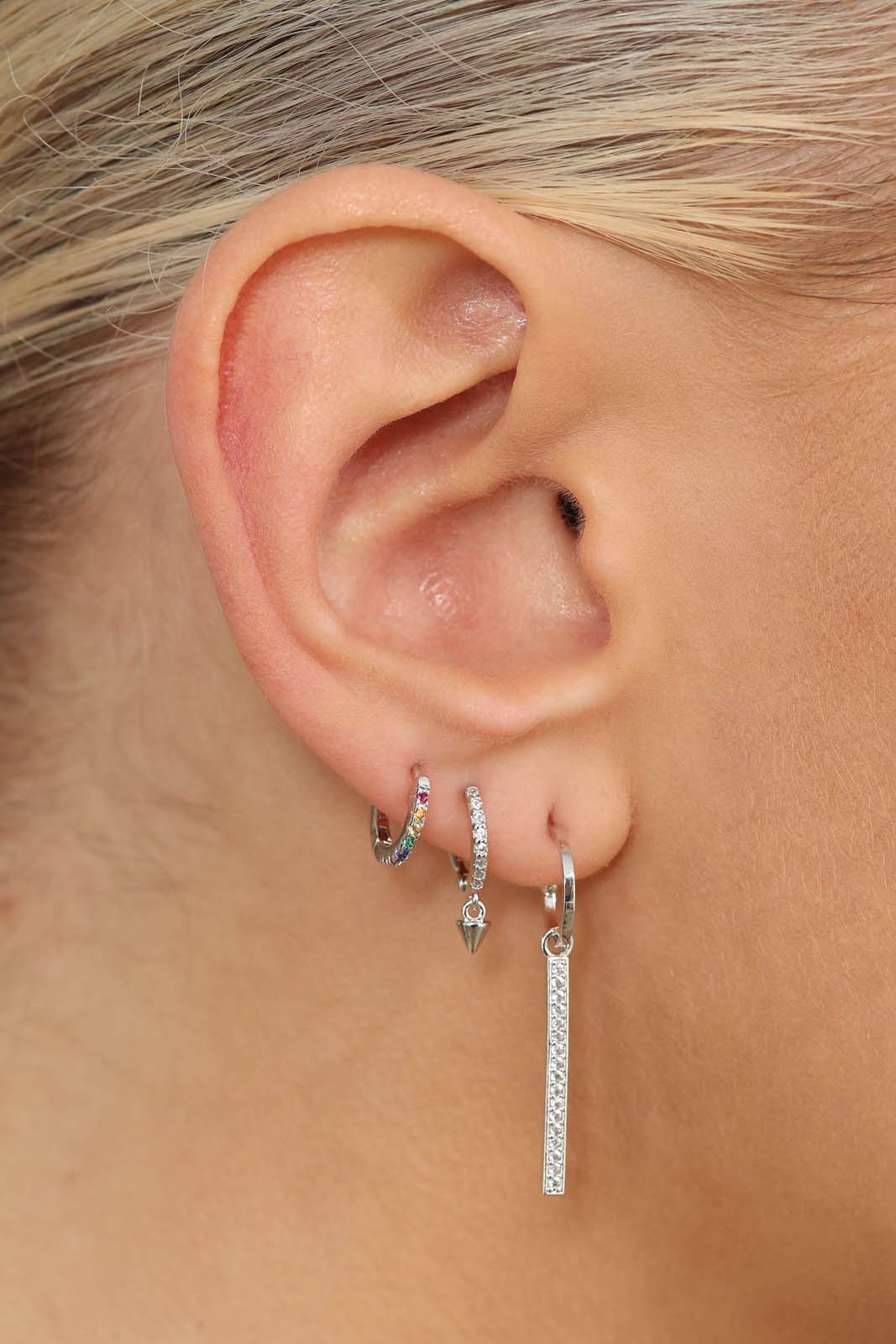 Silver pave dangling spike huggie earrings - 7mm