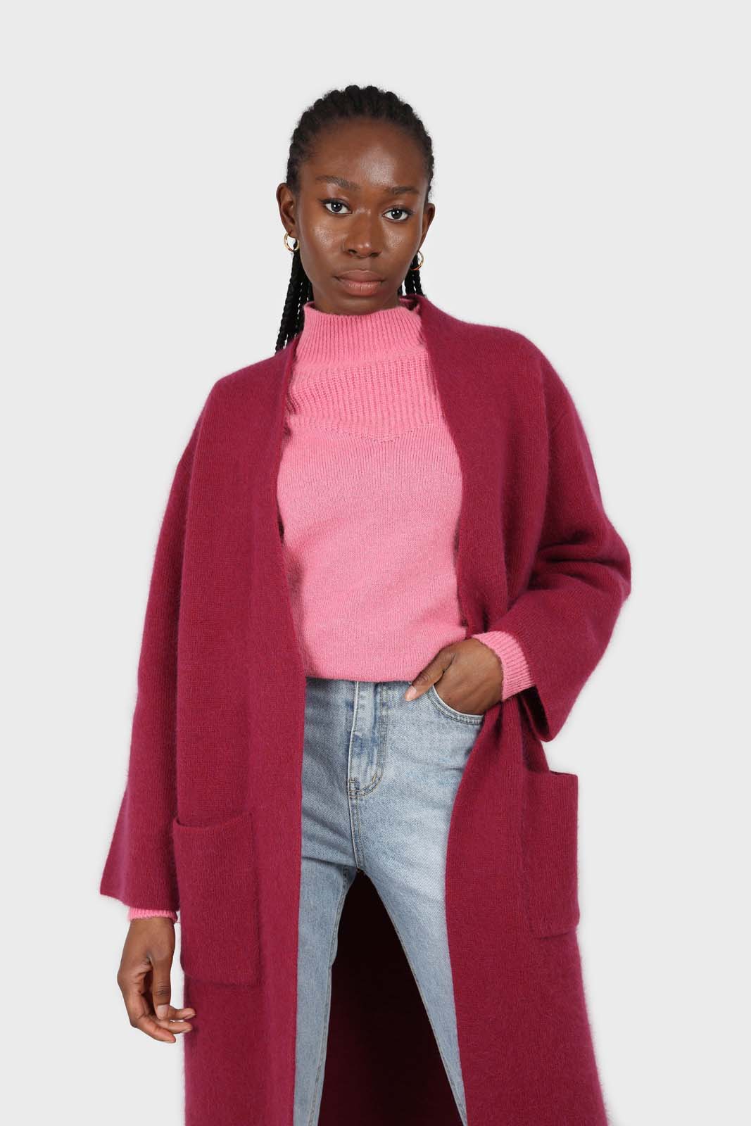 Beet red thick angora sweater coat