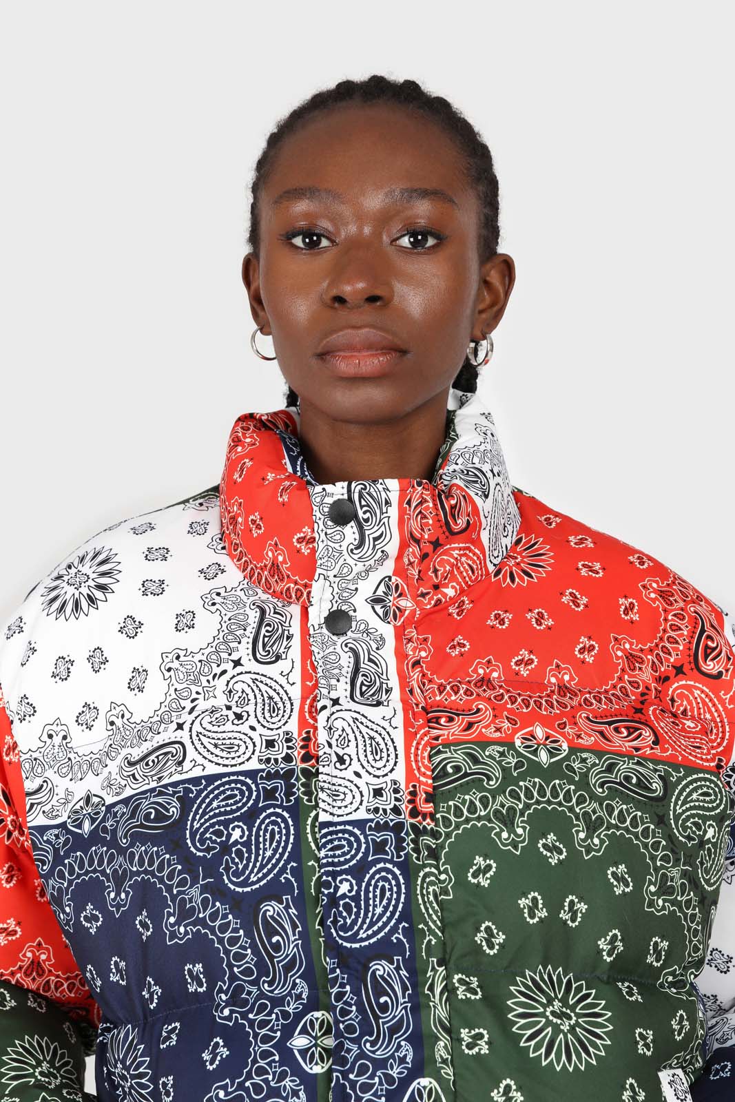 Multicolor paisley patchwork puffer jacket