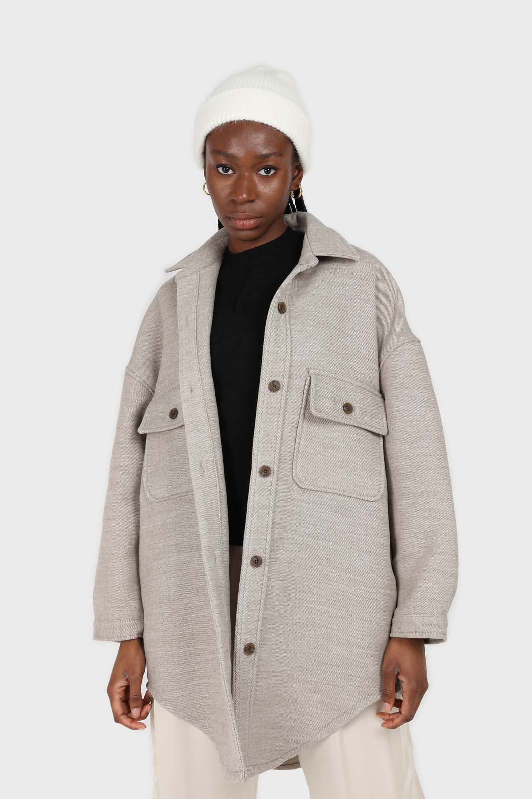 Beige wool blend oversized shirt jacket