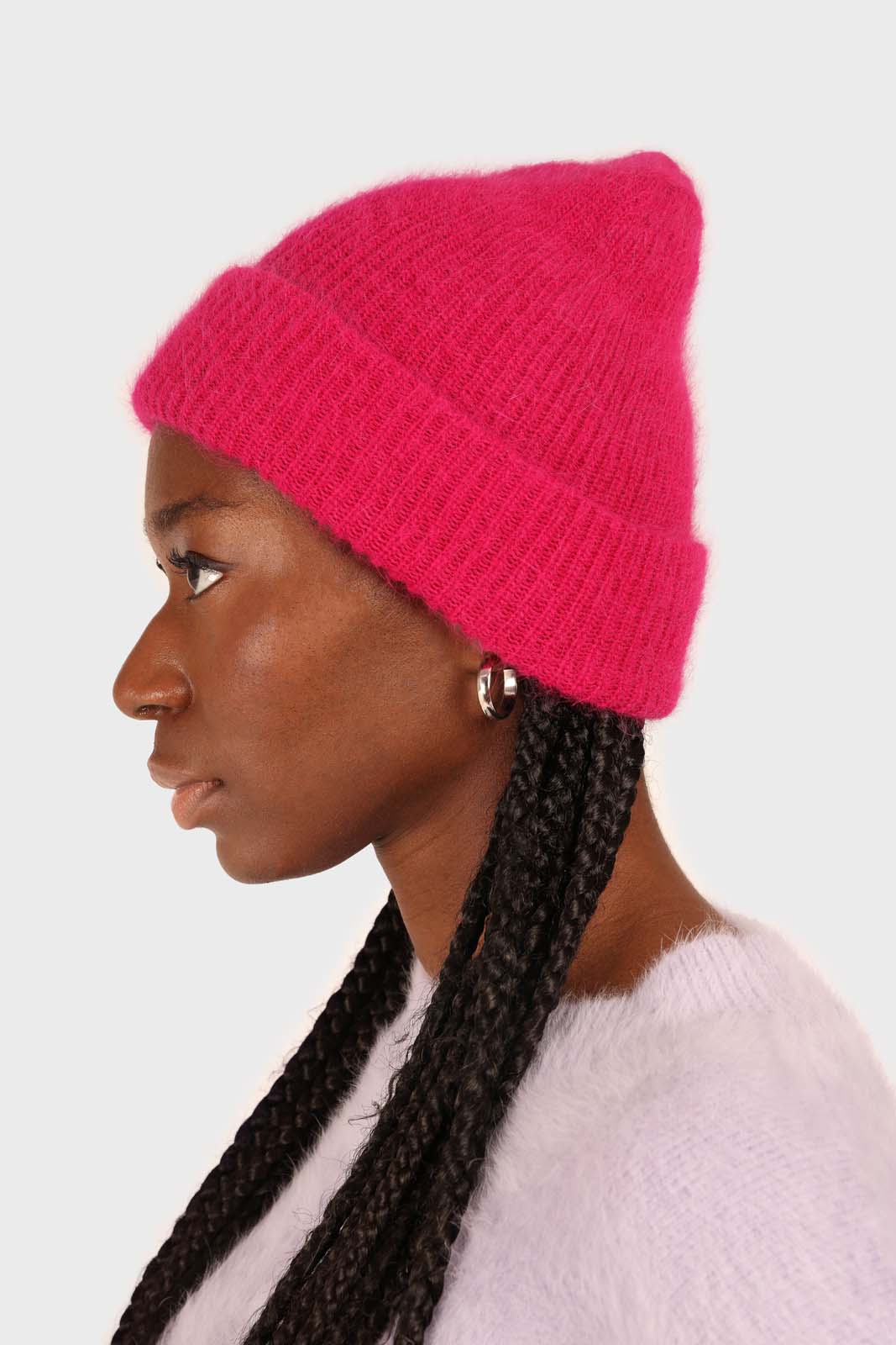Bright purple mohair beanie hat