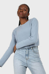Blue cashmere-wool blend cropped knit top