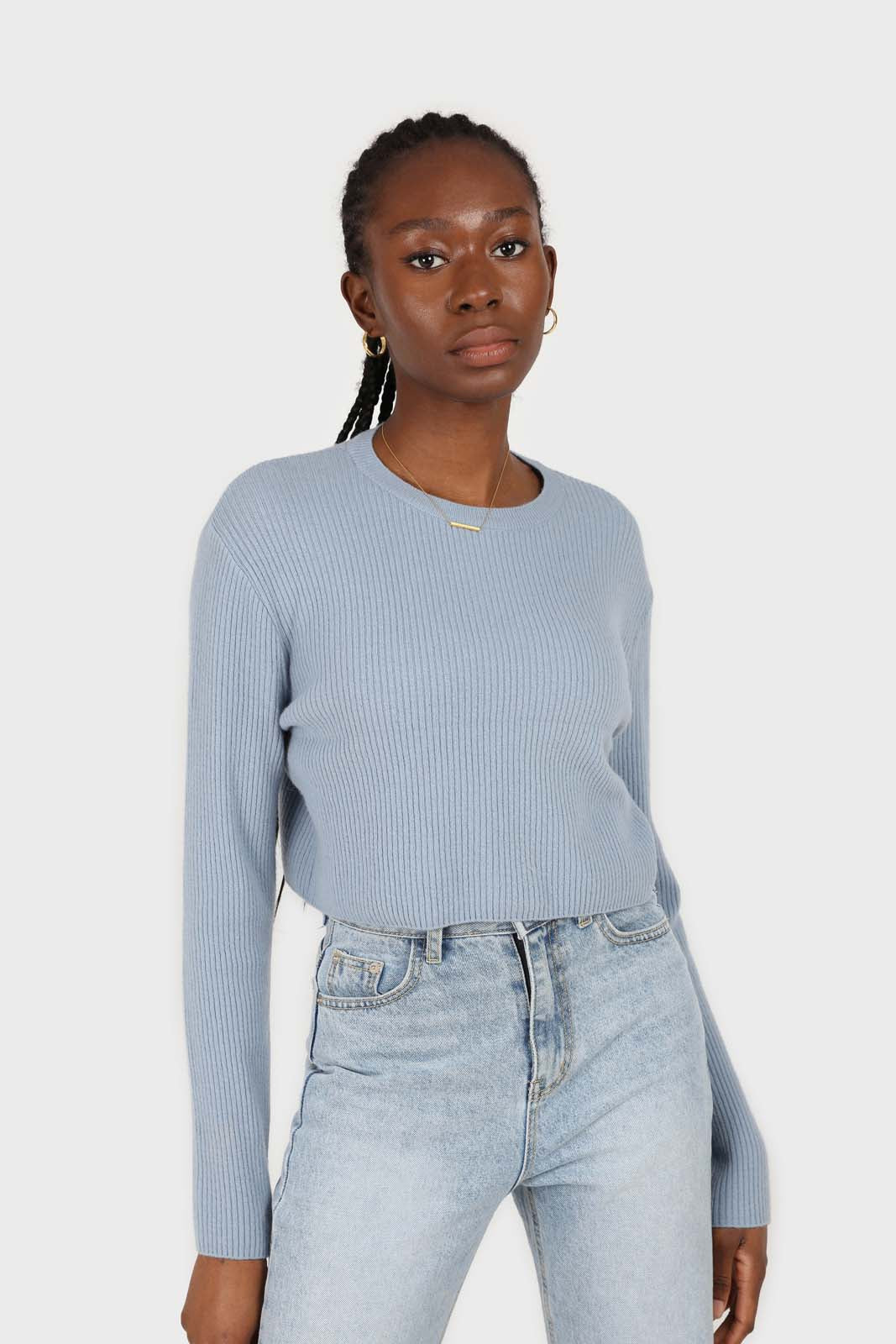 Blue cashmere-wool blend cropped knit top