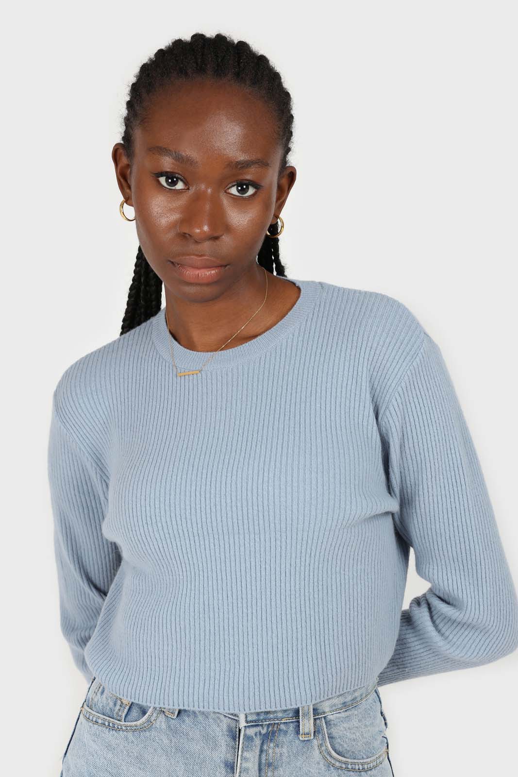 Blue cashmere-wool blend cropped knit top