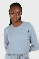 Blue cashmere-wool blend cropped knit top