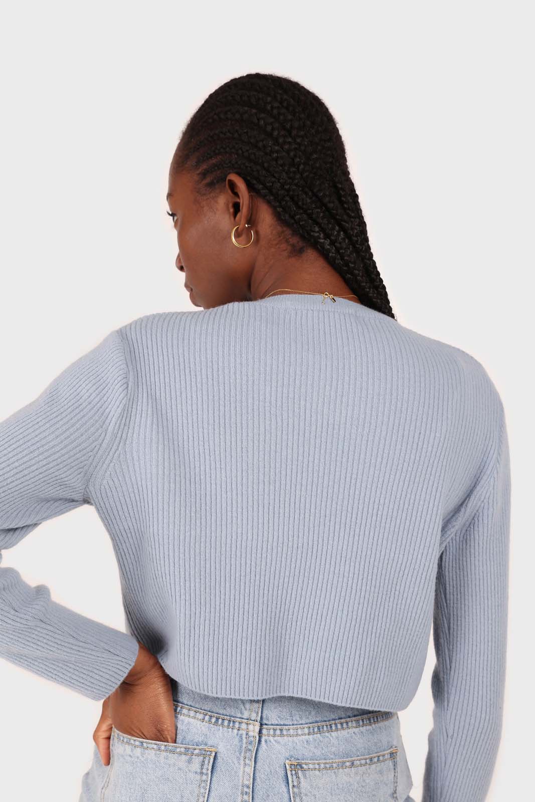 Blue cashmere-wool blend cropped knit top