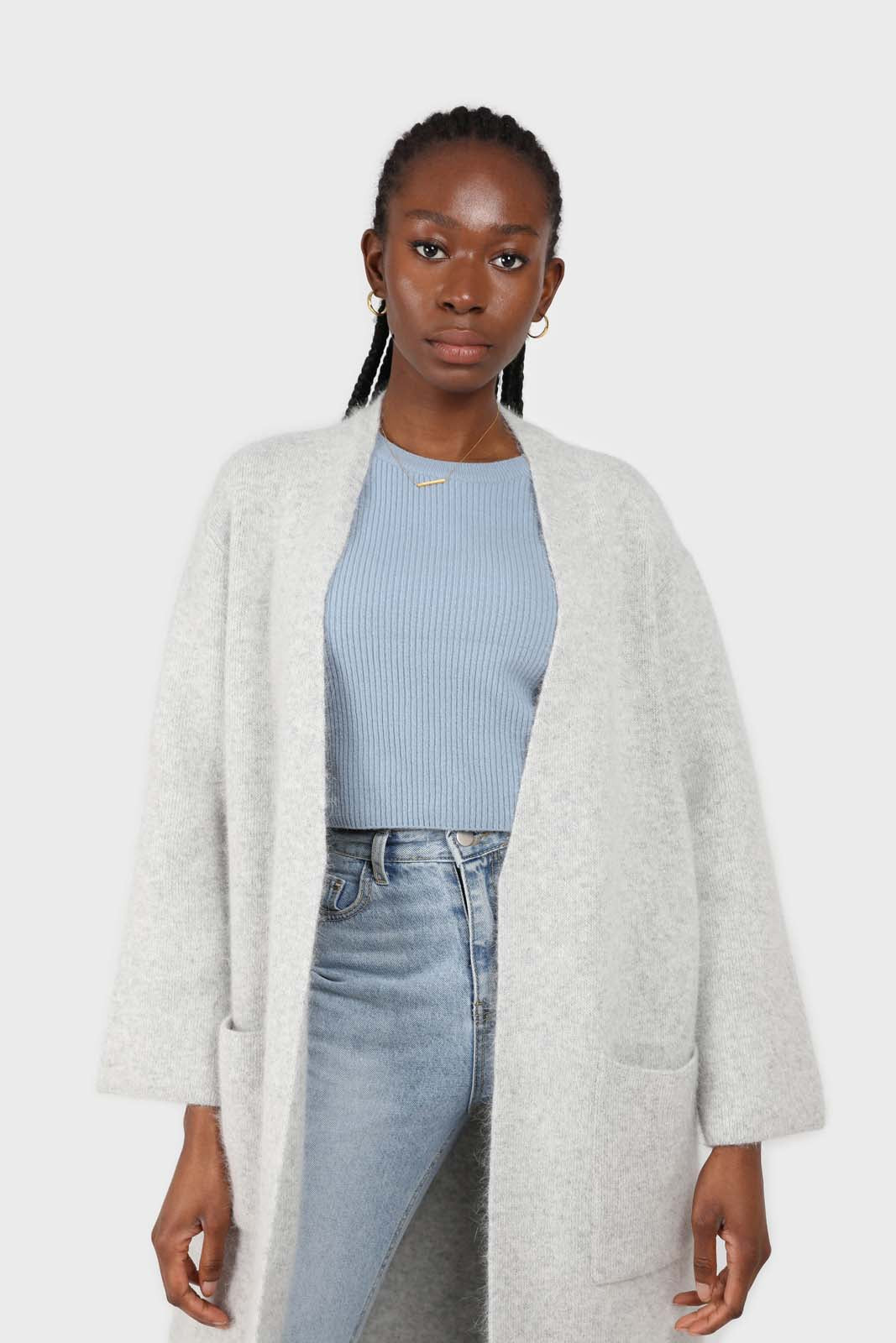 Blue cashmere-wool blend cropped knit top