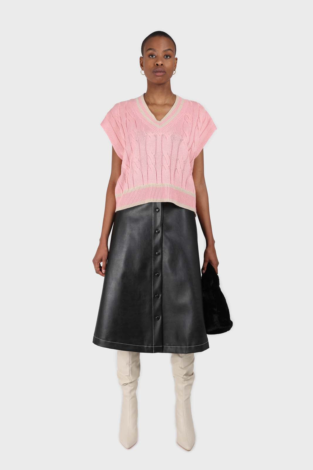 Pink and beige varsity trim cableknit vest