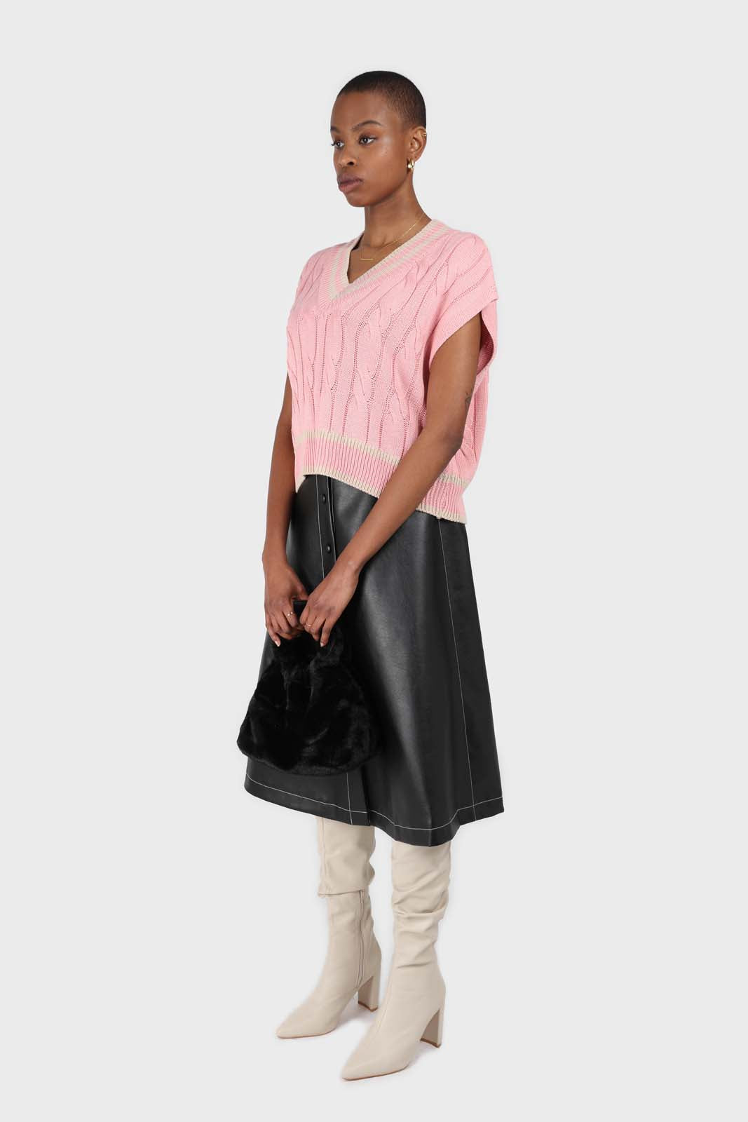 Pink and beige varsity trim cableknit vest