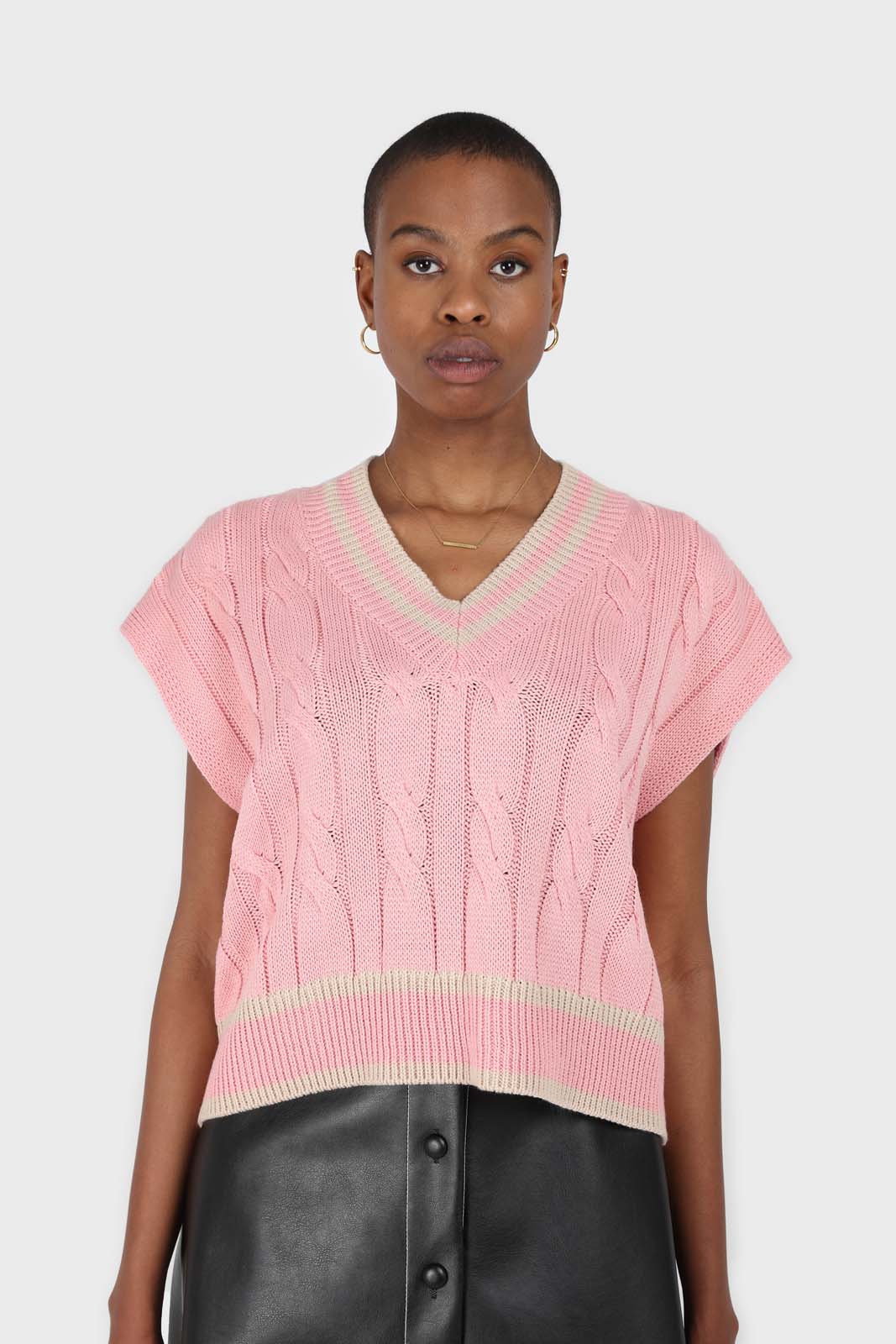Pink and beige varsity trim cableknit vest