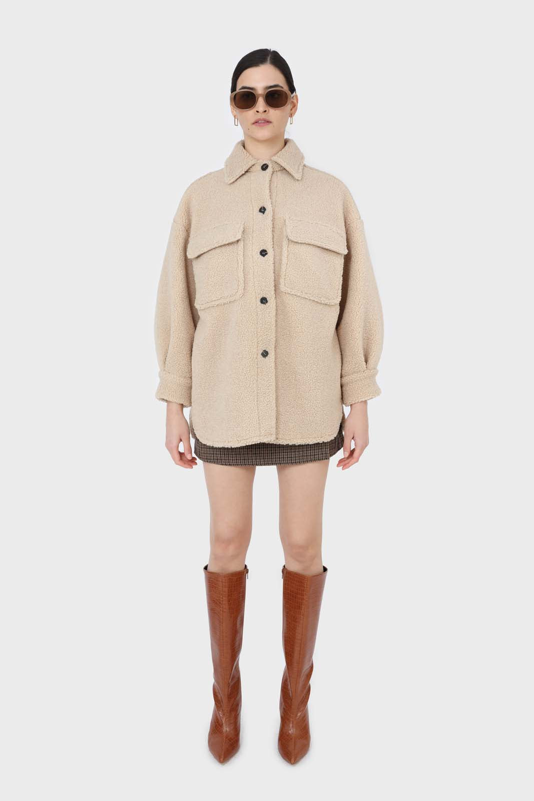 Beige teddy oversized shirt jacket