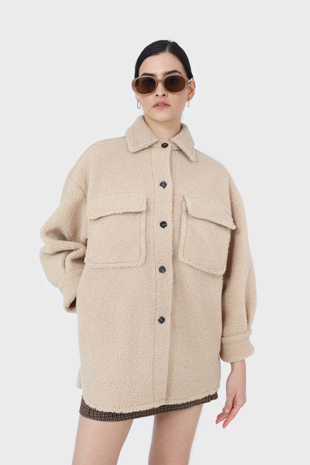 Beige teddy oversized shirt jacket