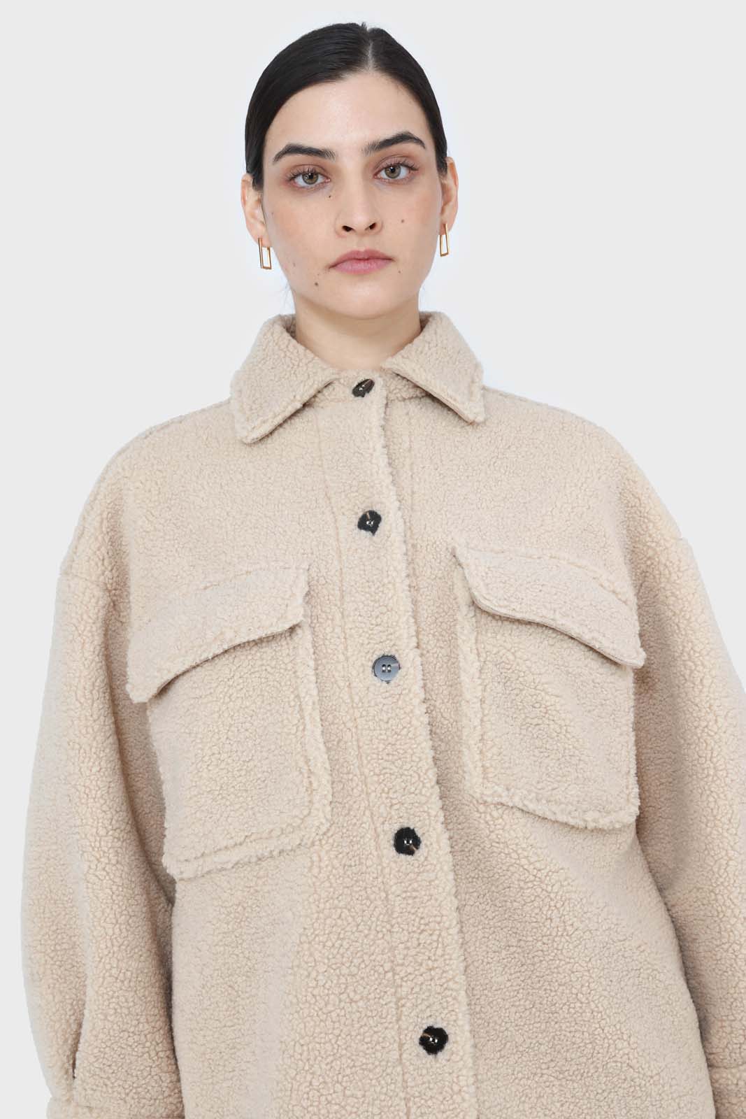 Beige teddy oversized shirt jacket