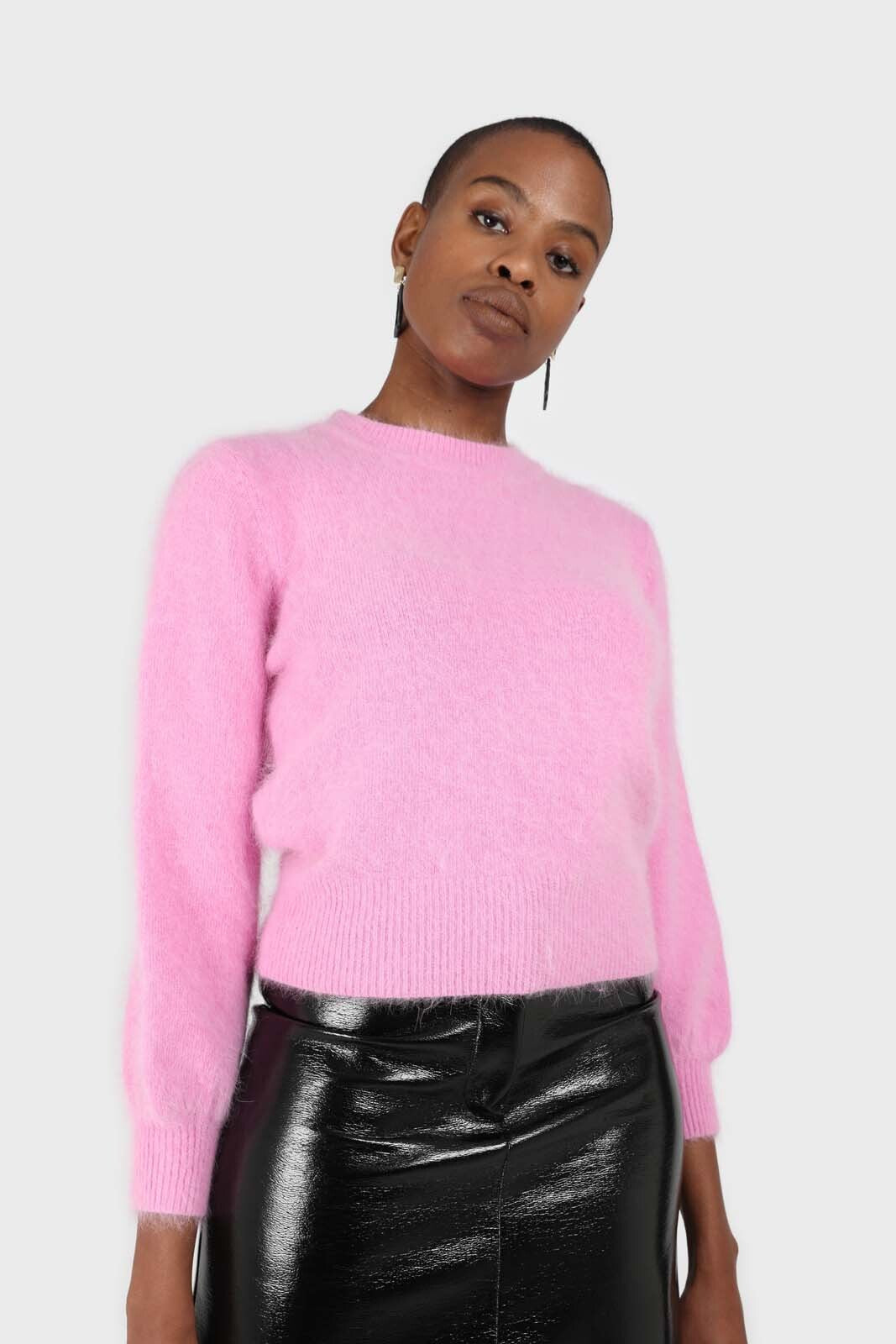Bright pink balloon sleeve angora jumper