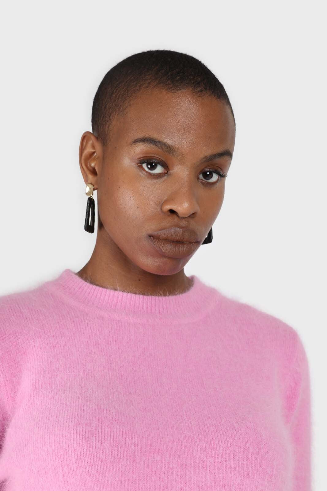 Bright pink balloon sleeve angora jumper