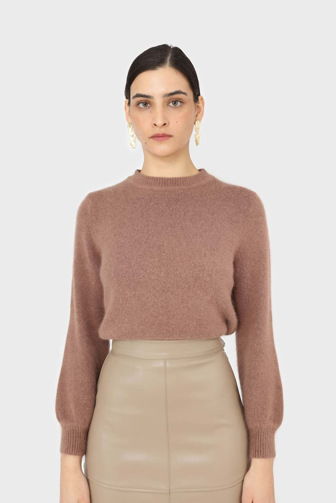 Brown pink balloon sleeve angora jumper