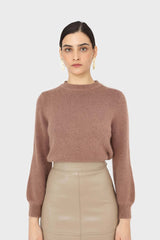 Brown pink balloon sleeve angora jumper