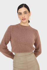 Brown pink balloon sleeve angora jumper