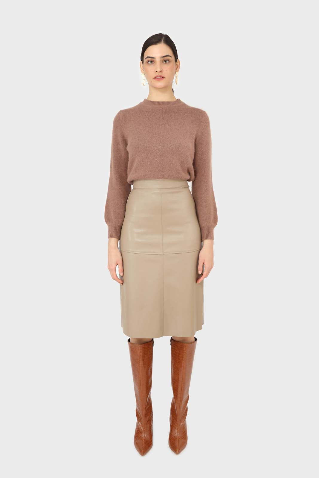 Brown pink balloon sleeve angora jumper