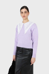 Lilac large lace collar knit top
