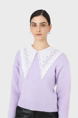 Lilac large lace collar knit top