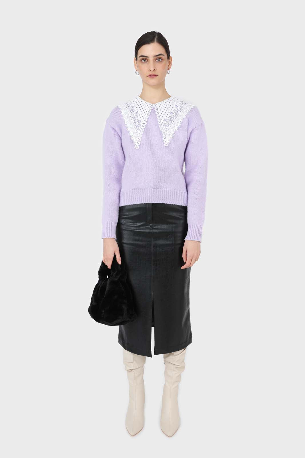 Lilac large lace collar knit top