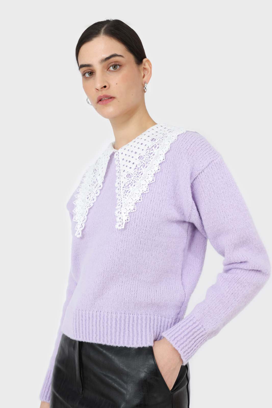 Lilac large lace collar knit top
