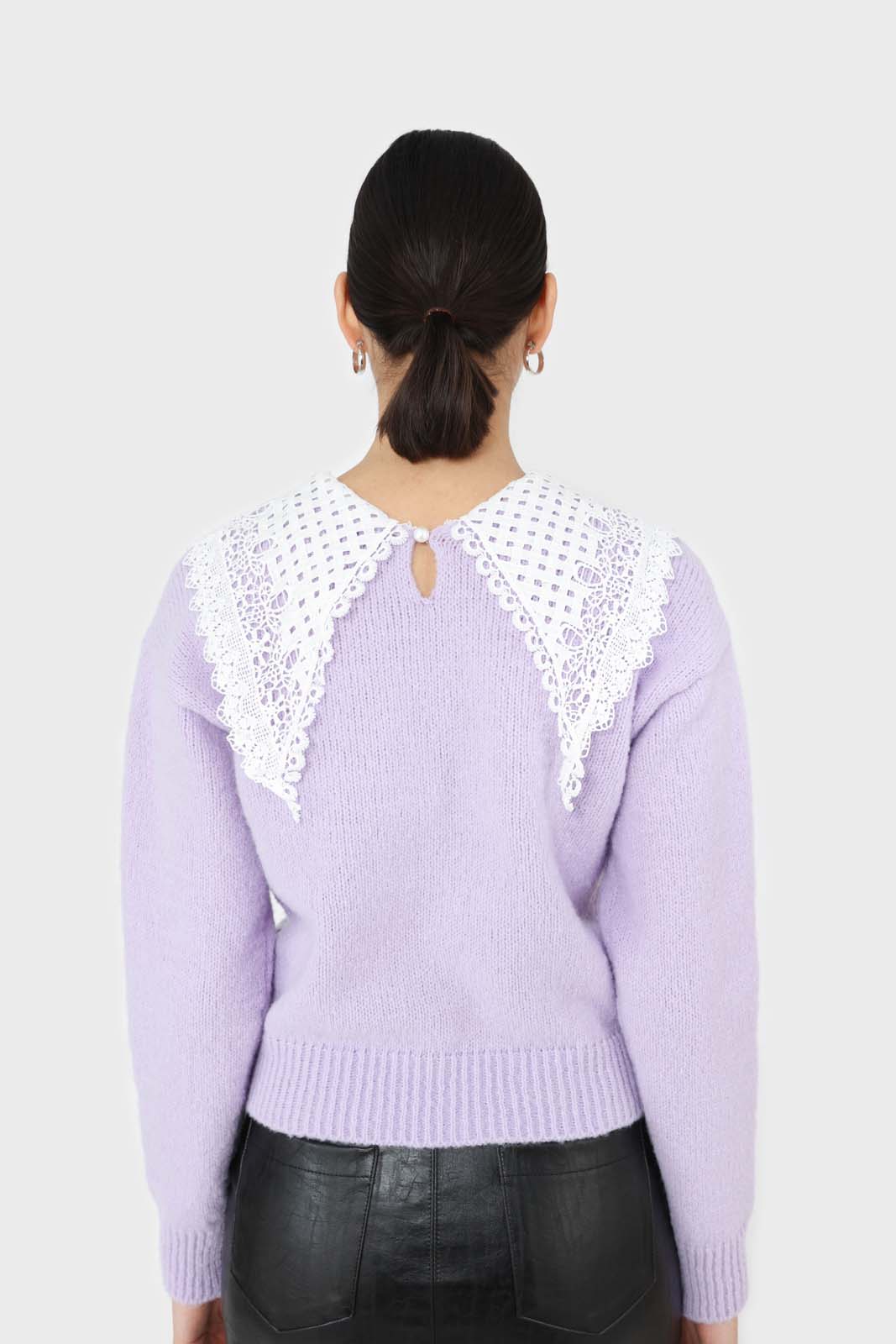 Lilac large lace collar knit top