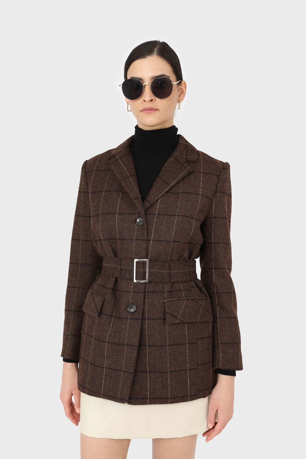 Brown checked wool blend thick belted blazer