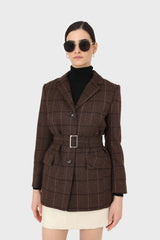 Brown checked wool blend thick belted blazer