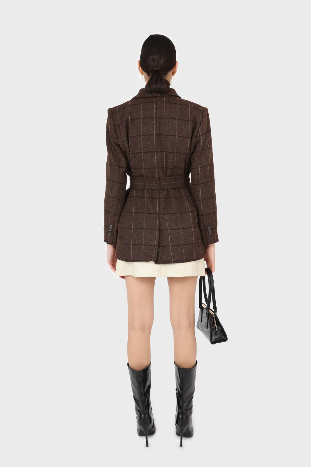 Brown checked wool blend thick belted blazer