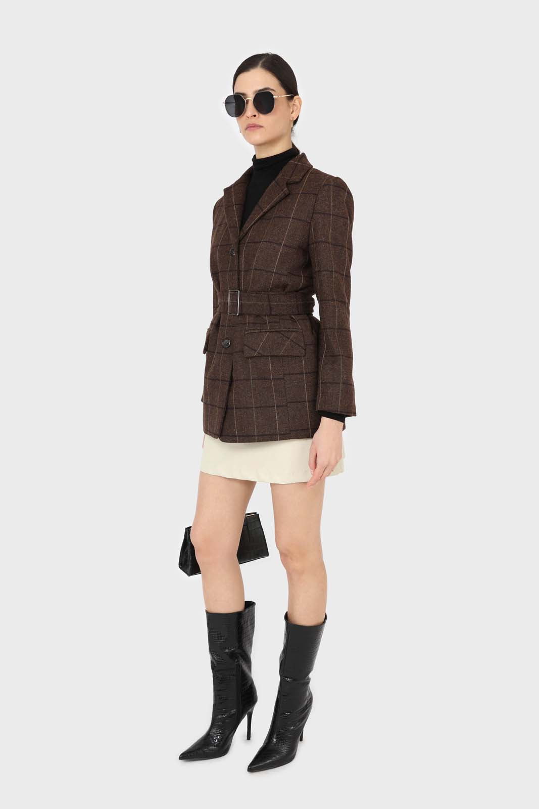 Brown checked wool blend thick belted blazer