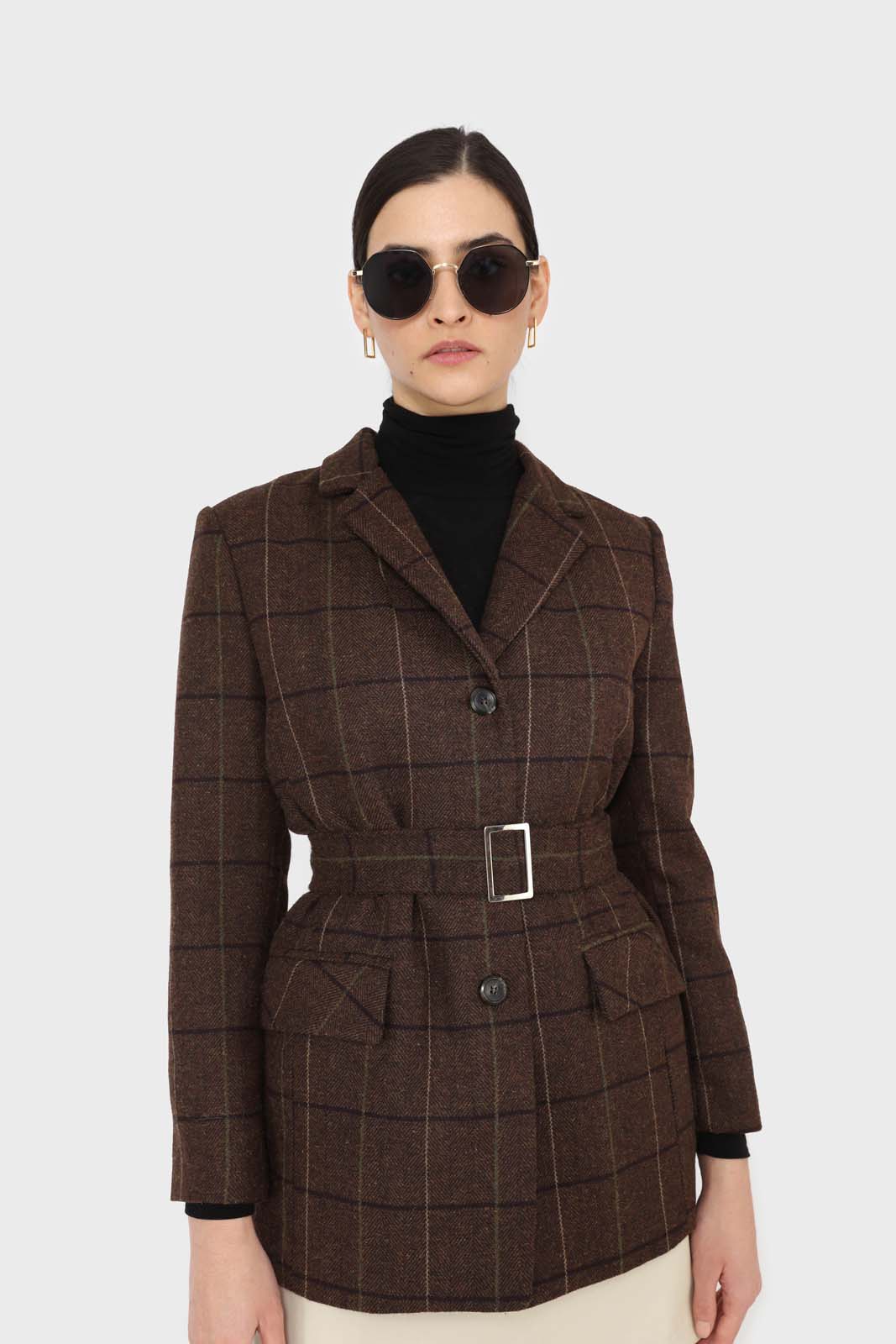 Brown checked wool blend thick belted blazer