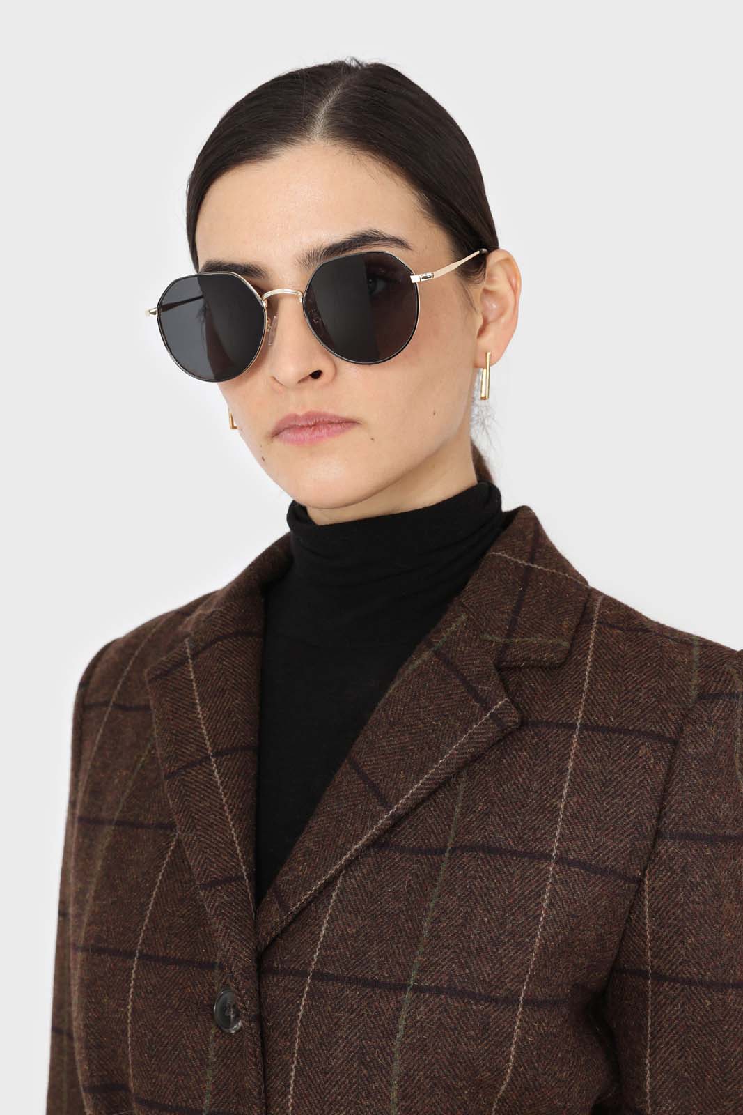 Brown checked wool blend thick belted blazer