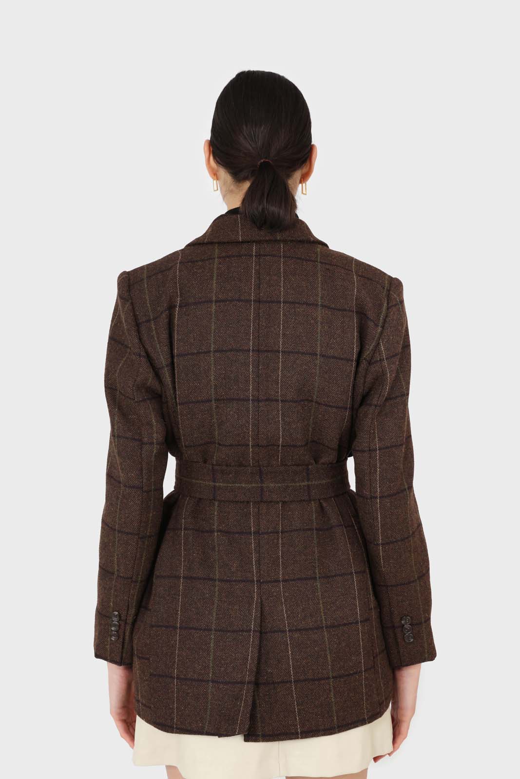 Brown checked wool blend thick belted blazer