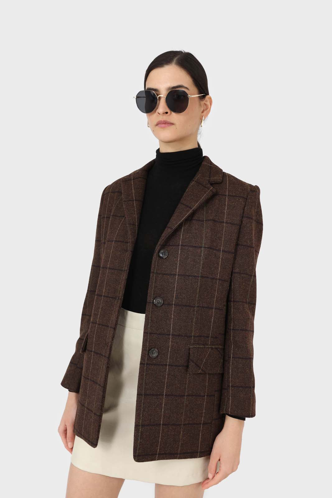 Brown checked wool blend thick belted blazer