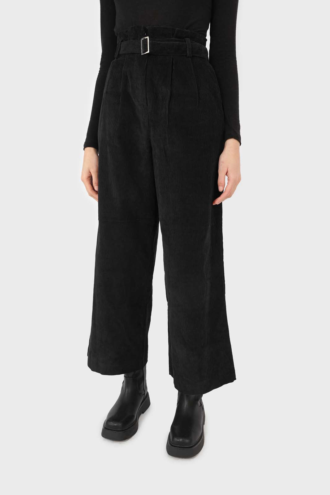 Black micro corduroy belted loose fit trousers