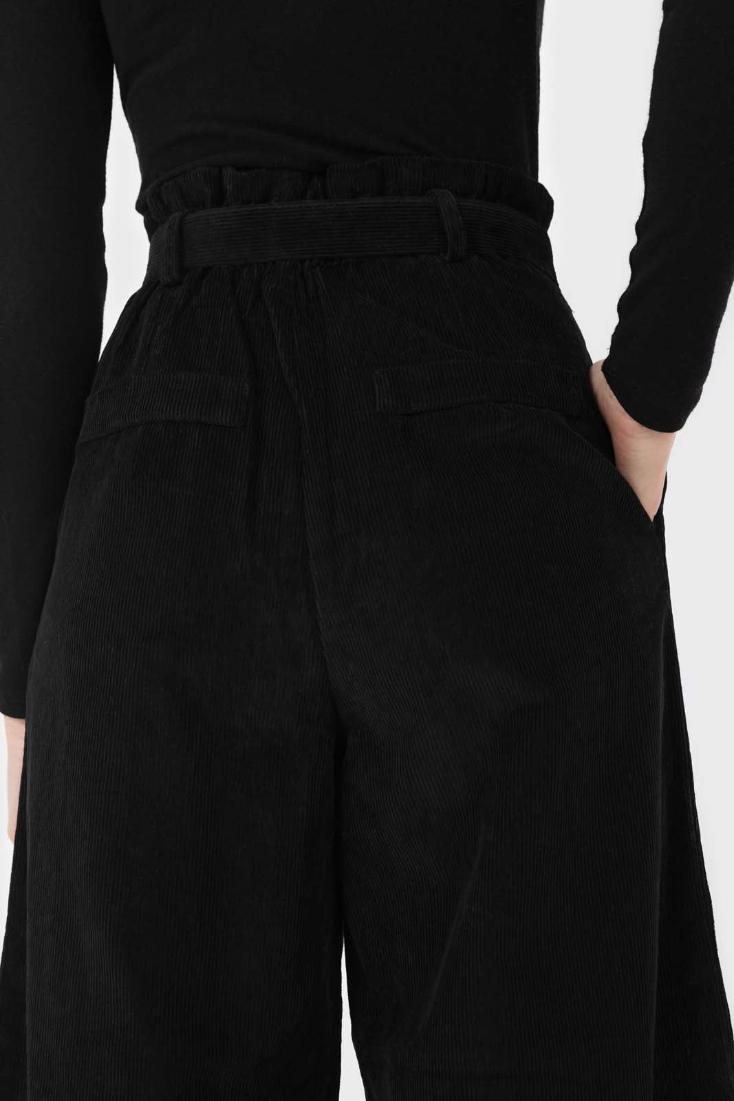 Black micro corduroy belted loose fit trousers