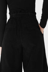Black micro corduroy belted loose fit trousers