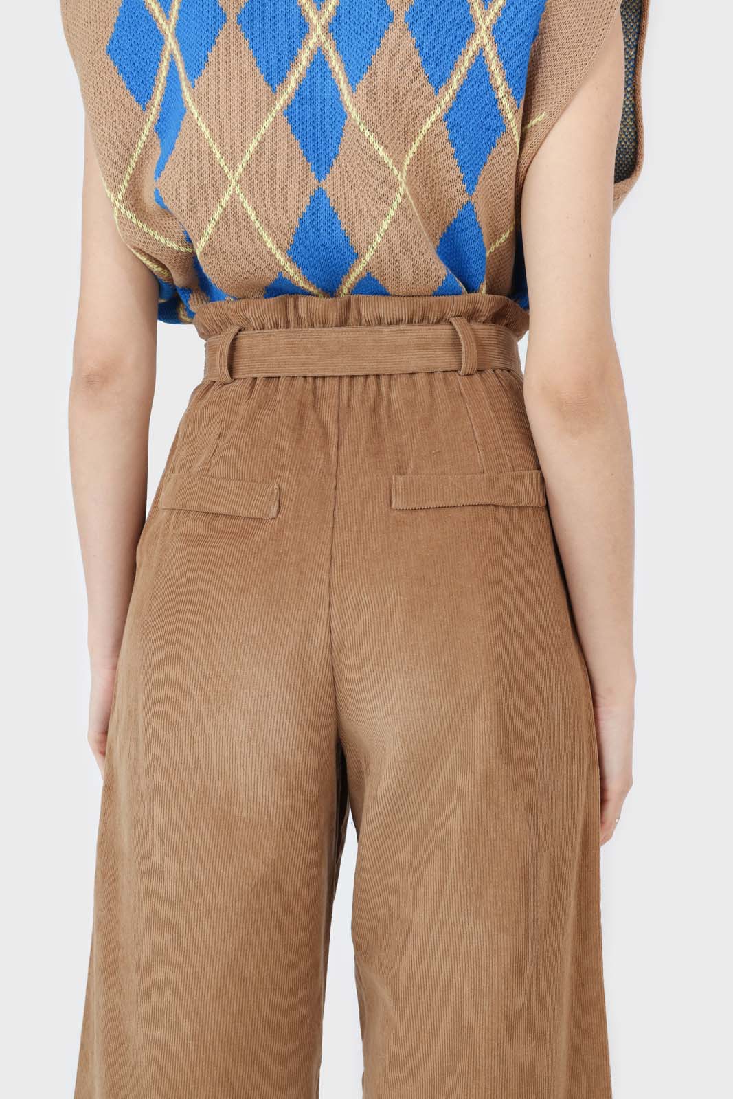 Beige micro corduroy belted loose fit trousers