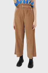Beige micro corduroy belted loose fit trousers