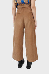 Beige micro corduroy belted loose fit trousers